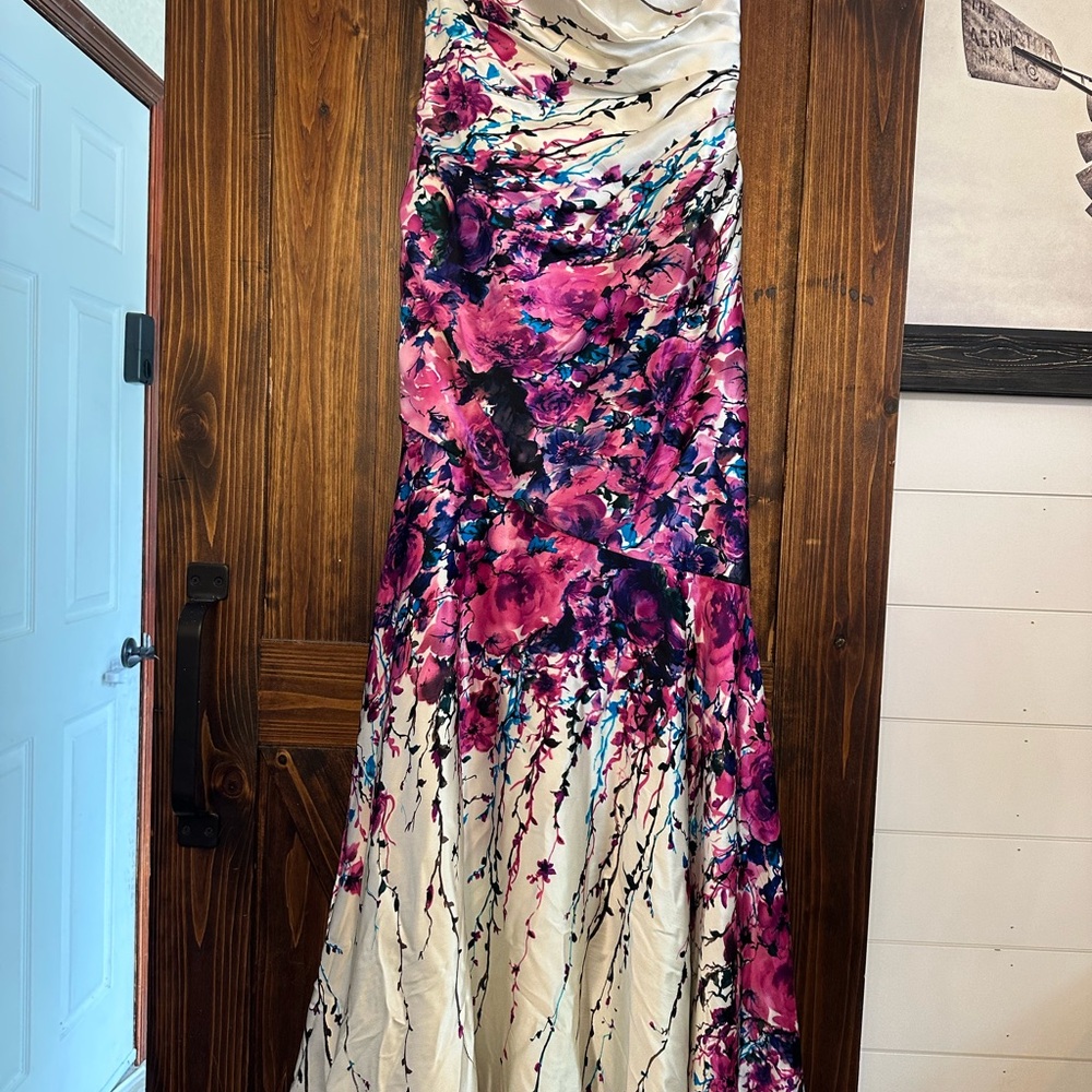 La Femme Pink and Purple Strapless Gown